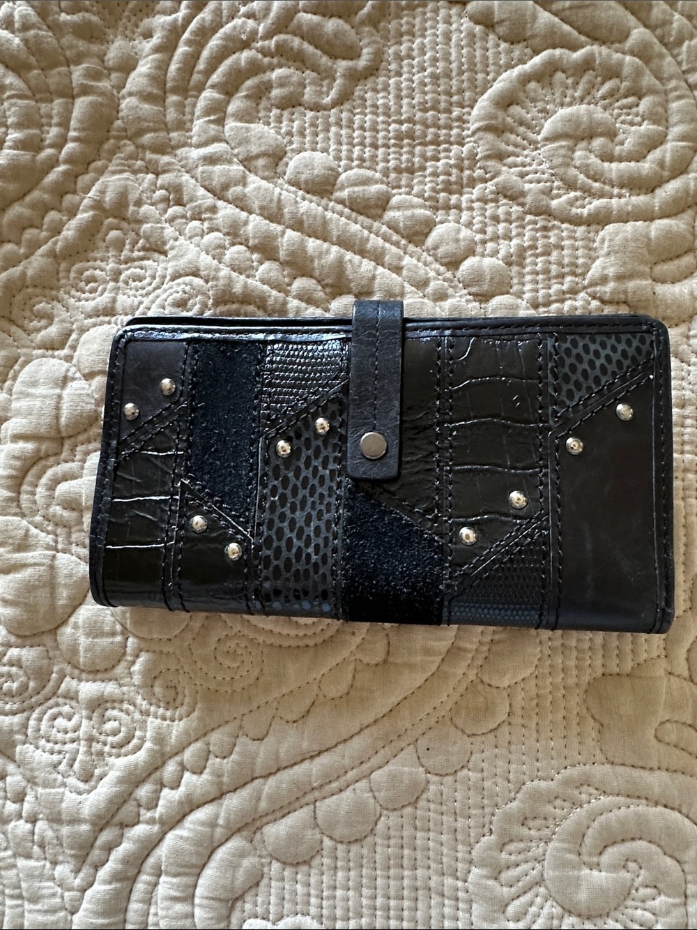 FOSSIL MIXED PATCH WORK, SUEDE AND LEATHER, CHECKBOOK WALLET, 6.5” x 3.5”